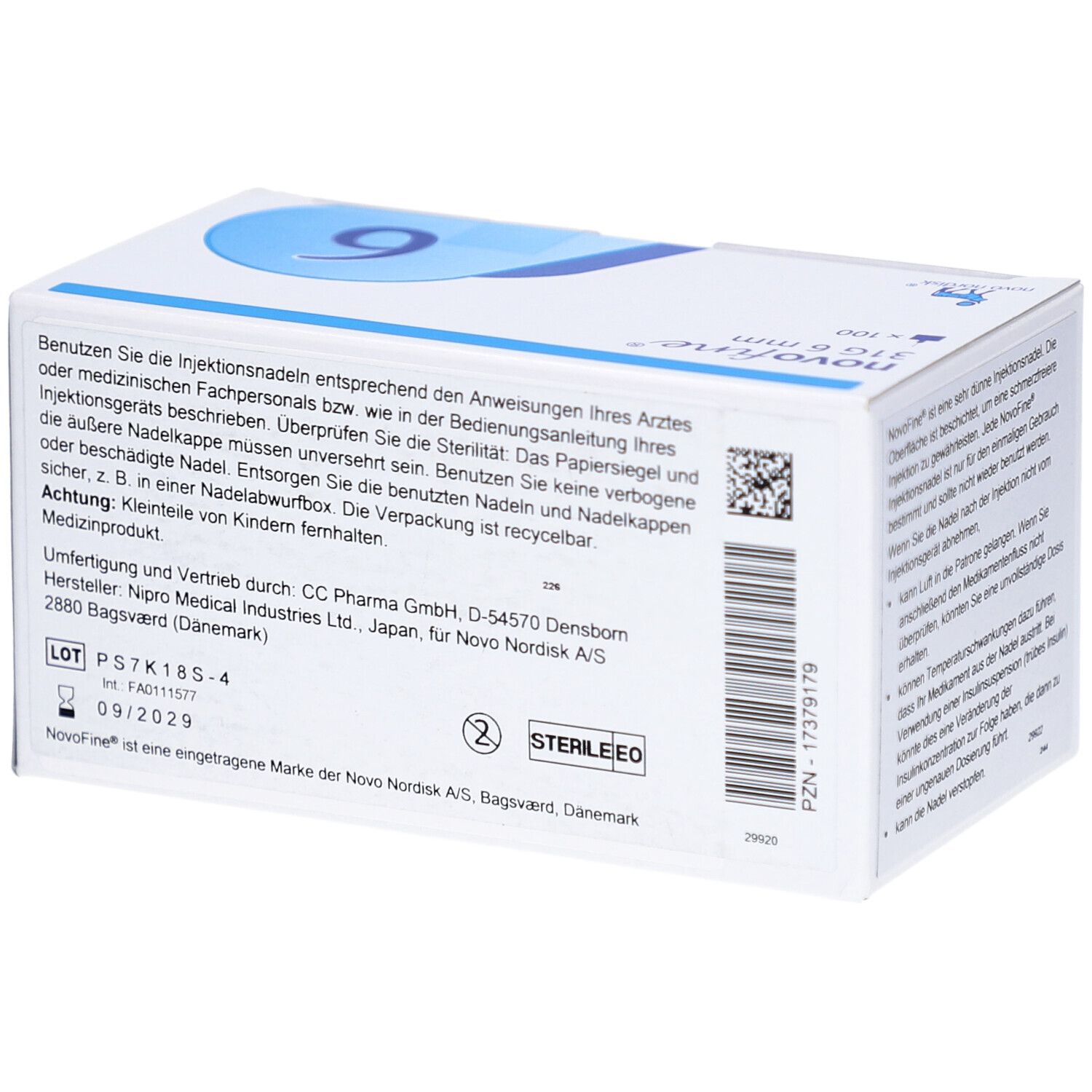 Rückseite der Schachtel NovoFine Injektionsnadeln. Text, Chargennummer, Verfallsdatum. Logo Steril EO.