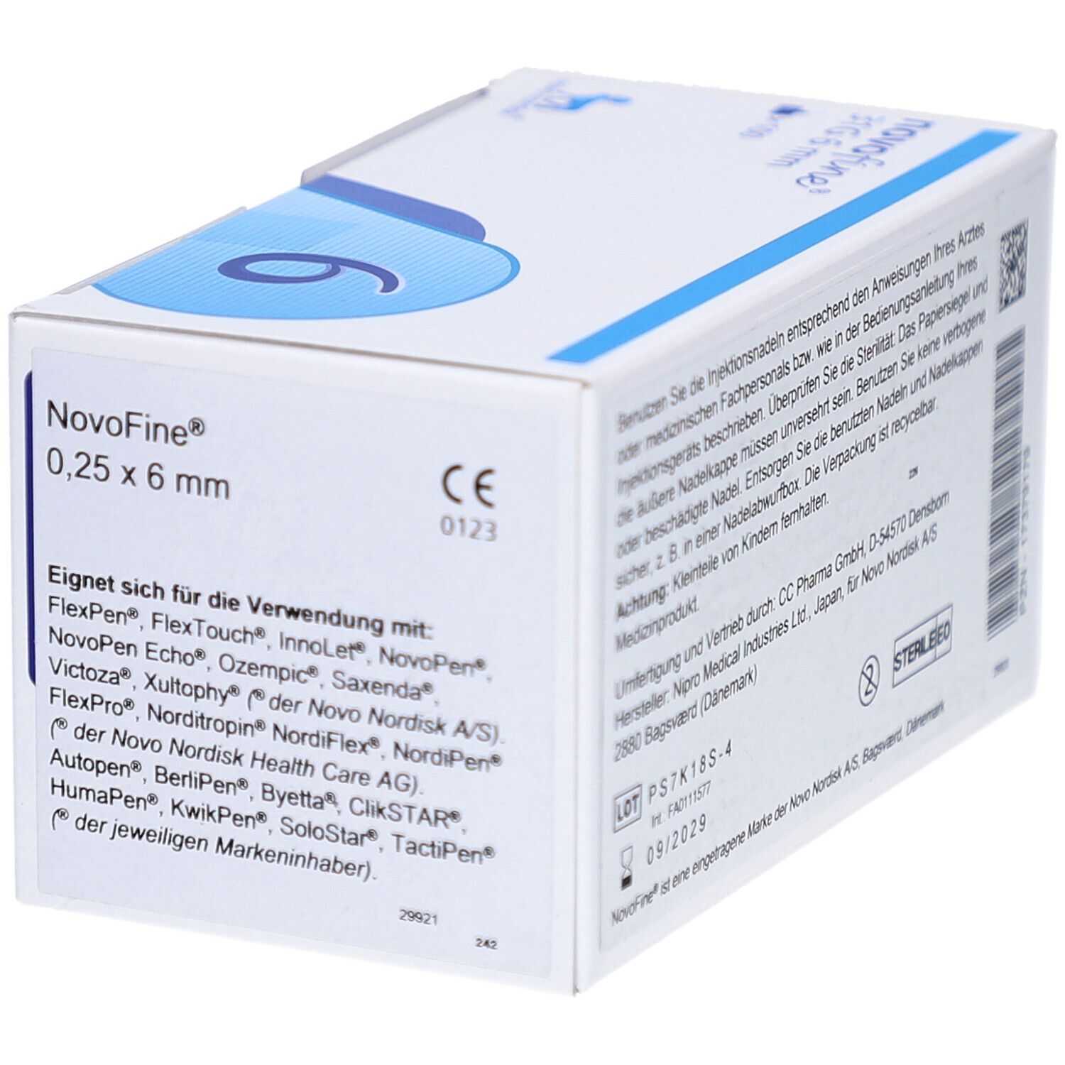 Schachtel NovoFine Injektionsnadeln. Aufschrift: 0,25 x 6 mm. Liste der kompatiblen Pens. Logo Steril EO.
