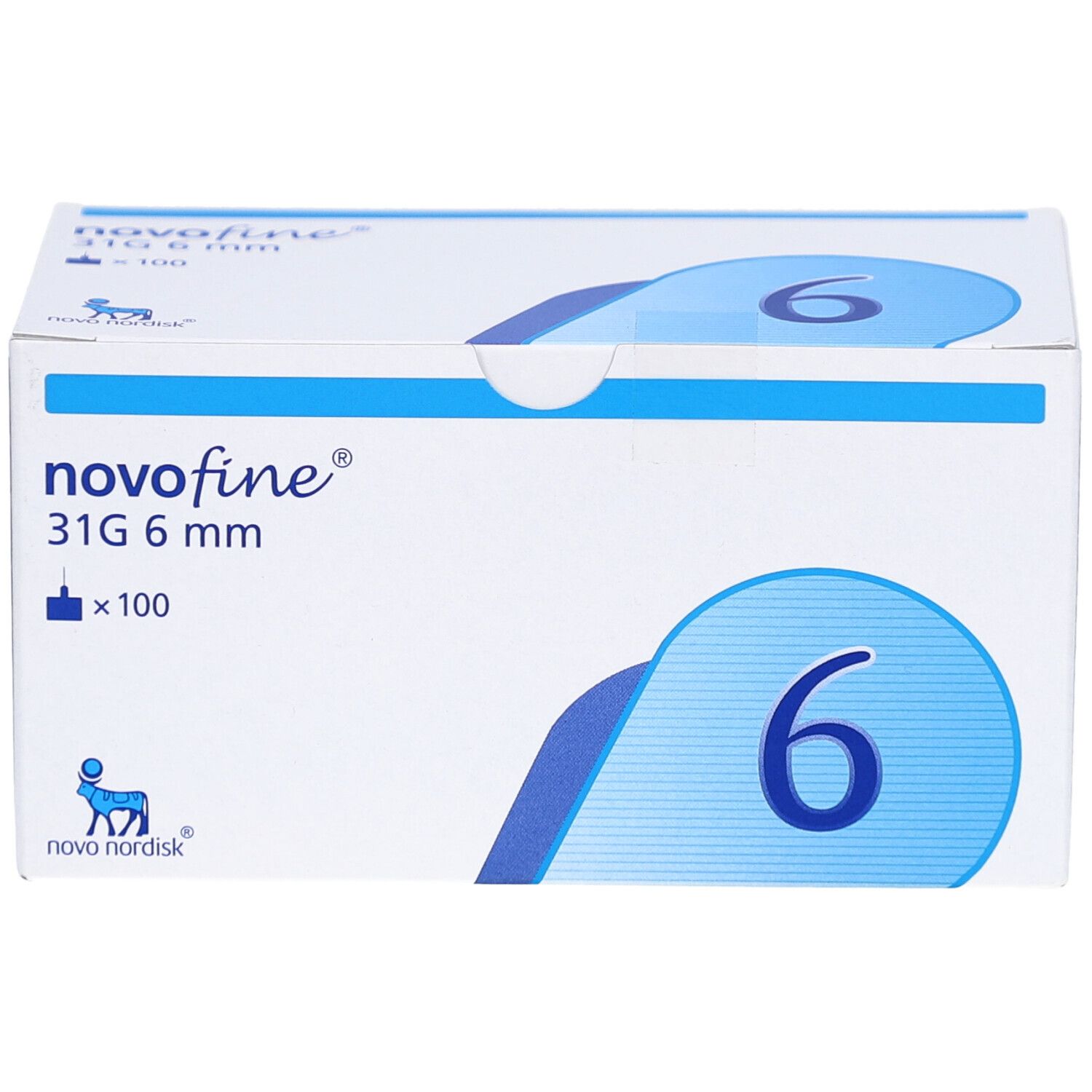 Schachtel NovoFine Injektionsnadeln. Aufschrift: 31G 6 mm x 100. Blaue Ziffer 6. Logo Novo Nordisk.