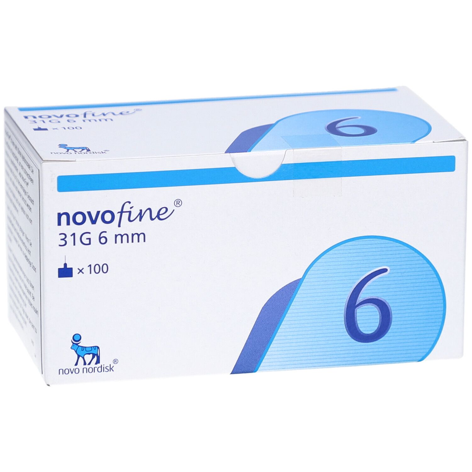 Schachtel NovoFine Injektionsnadeln. Aufschrift: 31G 6 mm x 100. Blaue Ziffer 6. Logo Novo Nordisk.