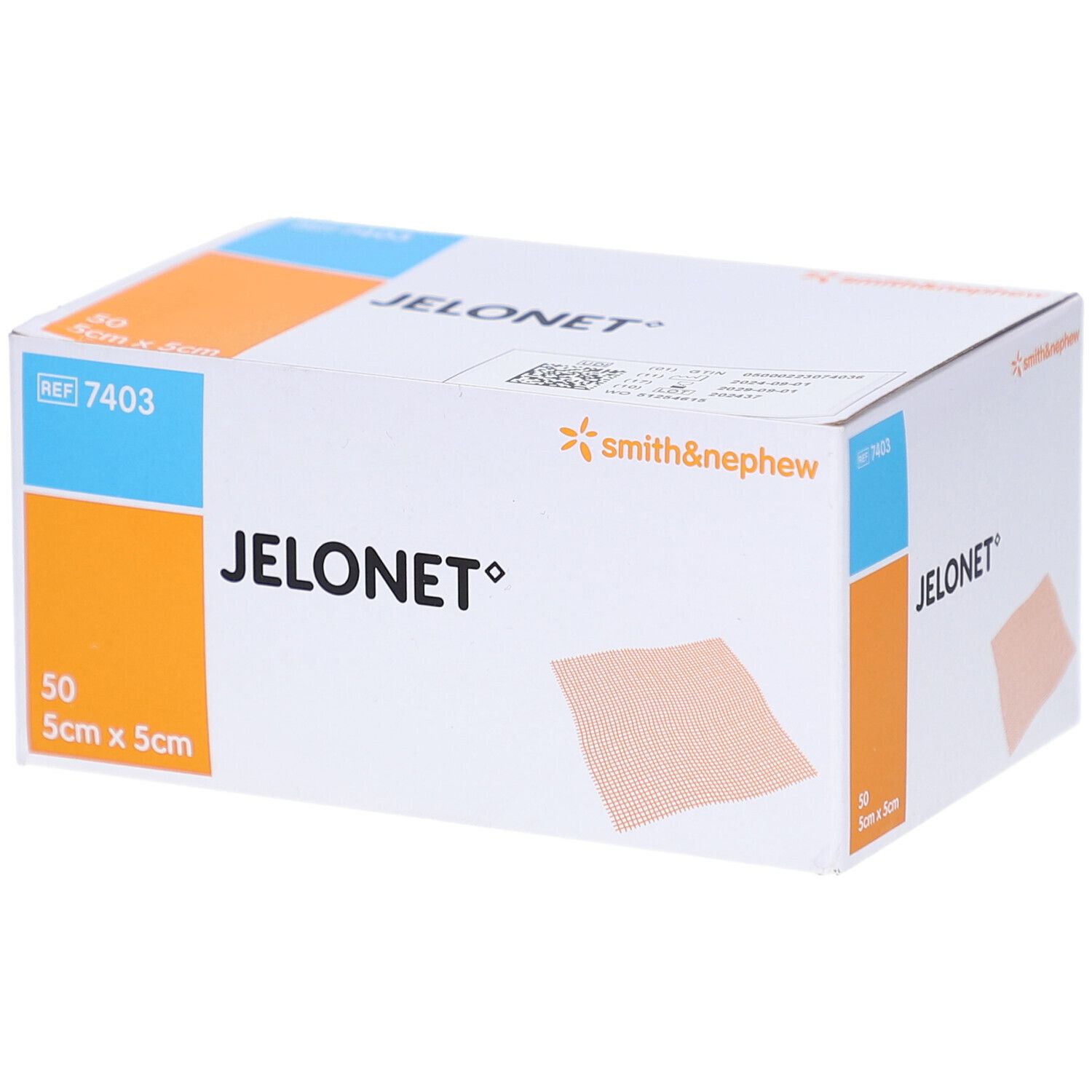Verpackung mit JELONET Gazeverband. Aufschrift: 50 Stück, 5cm x 5cm. Marke: smith&nephew. Orange und blaue Akzente.