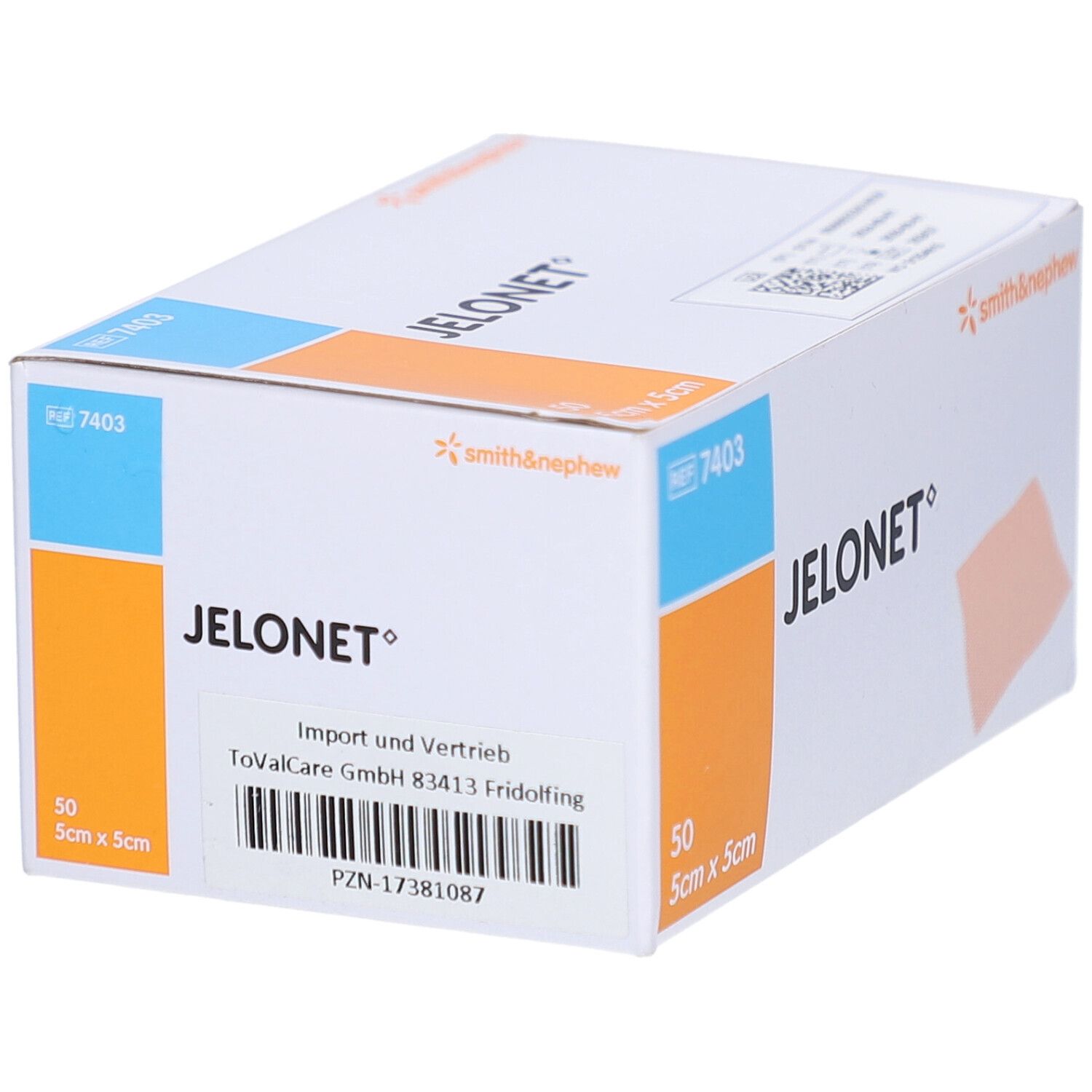 Verpackung mit JELONET Gazeverband. Aufschrift: 50 Stück, 5cm x 5cm. Marke: smith&nephew. Import und Vertrieb. Barcode.
