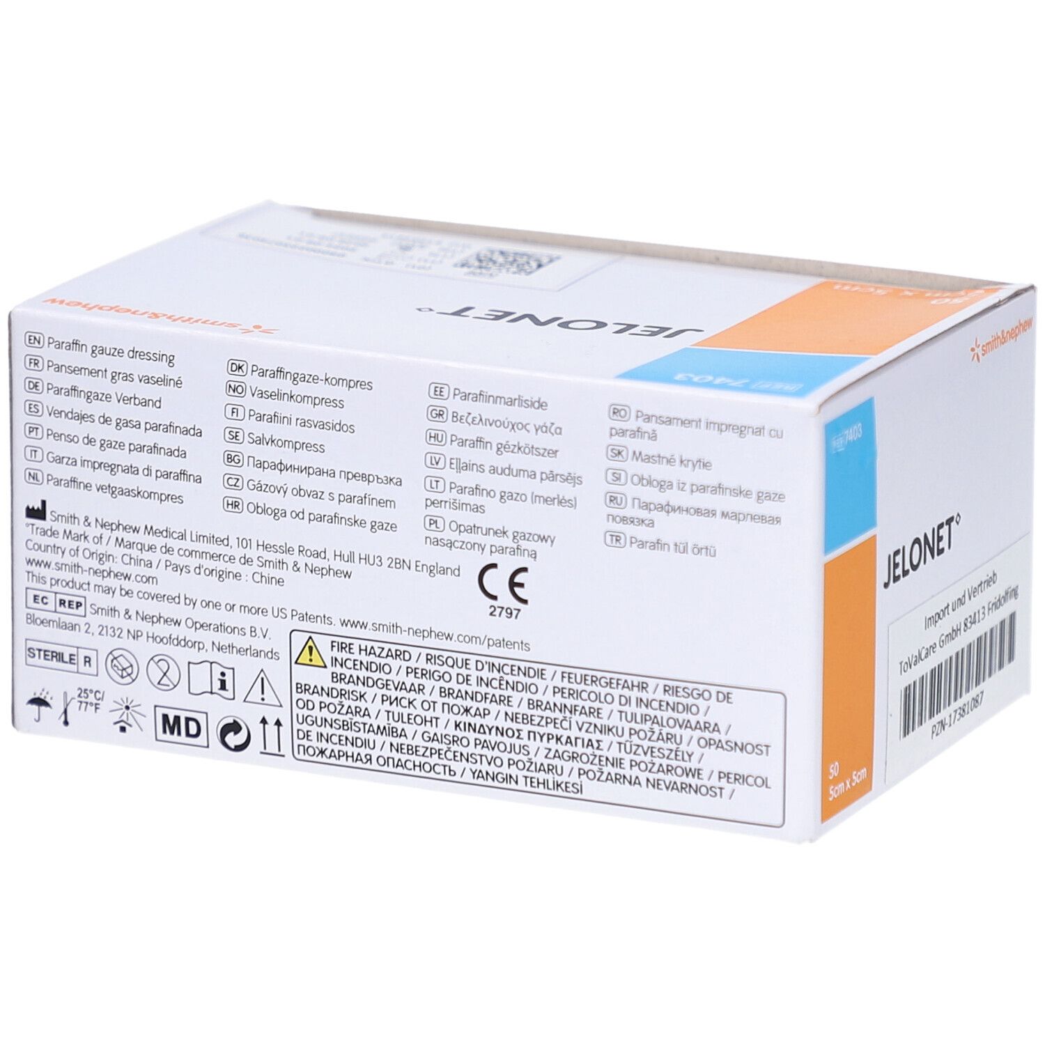 Rückseite der JELONET Verpackung. Mehrsprachige Informationen. CE-Kennzeichnung. Warnhinweise und Symbole. Steril.