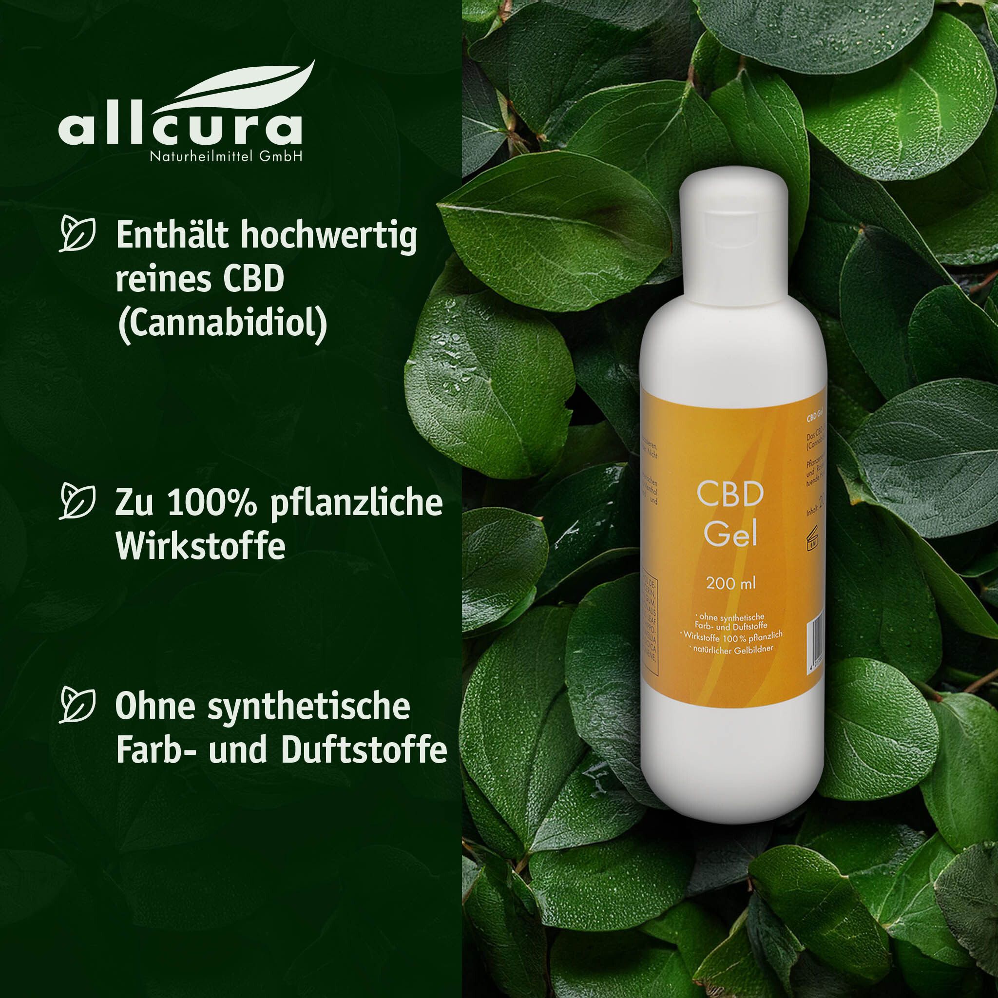 Weiße Flasche CBD Gel vor grünem Hintergrund. Text: Enthält reines CBD, 100% pflanzliche Wirkstoffe, ohne synthetische Farb- und Duftstoffe.