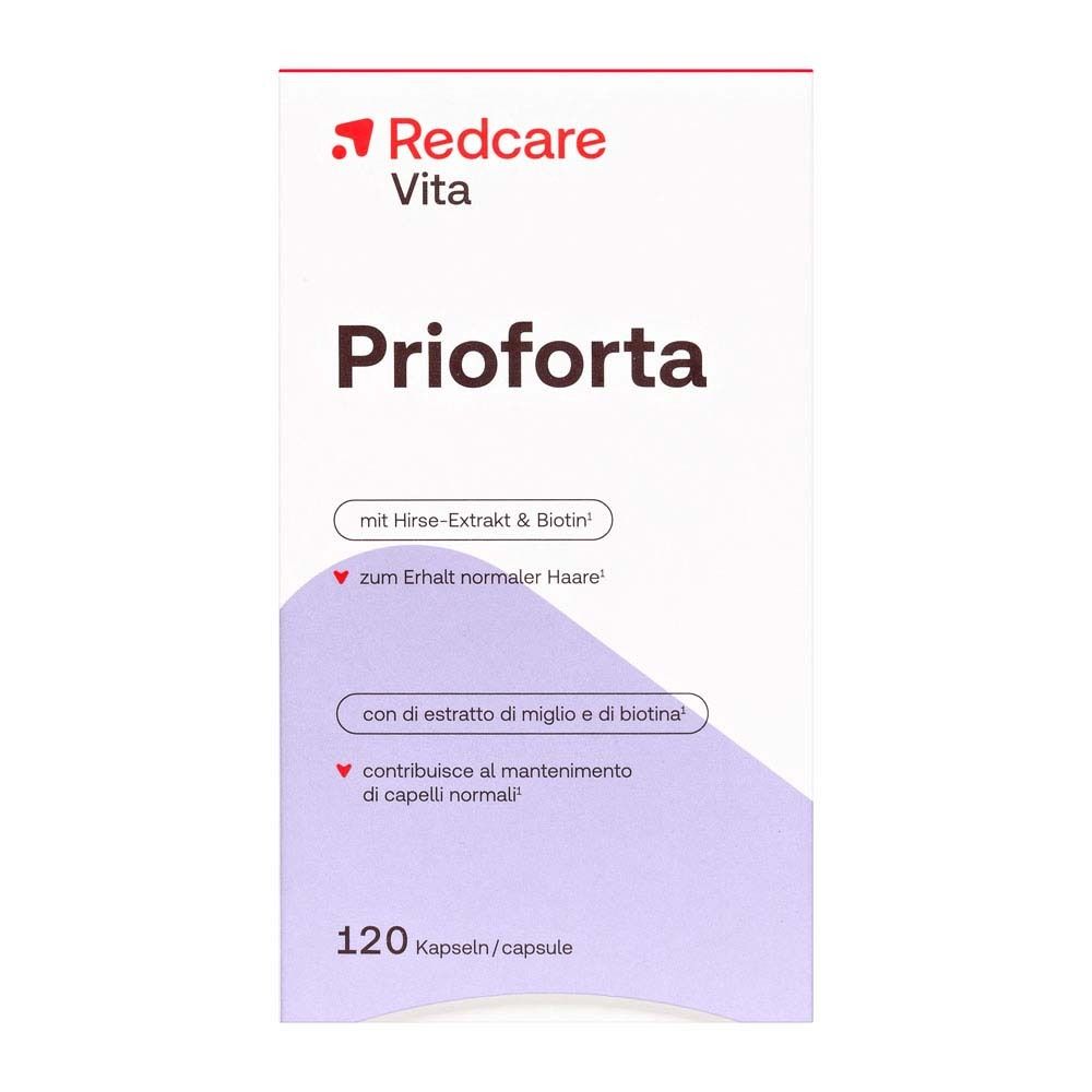 Weiße Schachtel mit rotem Logo. Aufschrift: Prioforta, 120 Kapseln. Enthält Hirse-Extrakt & Biotin.