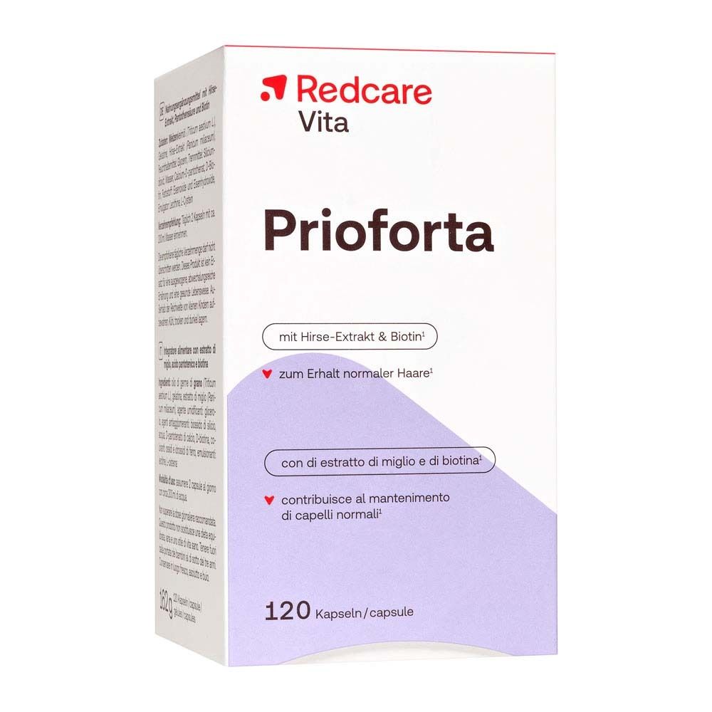 Schachtel mit rotem Logo. Aufschrift: Prioforta, 120 Kapseln. Enthält Hirse-Extrakt & Biotin. Ansicht: schräg.