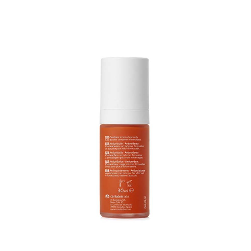 Rückseite der Serumflasche. Orangefarbene Flasche mit Produktinformationen und 30ml-Angabe. Endocare C Ferulic.