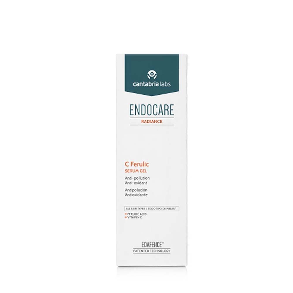 Weiße Produktverpackung mit Produktnamen und Inhaltsstoffen. Endocare C Ferulic Serum Gel.