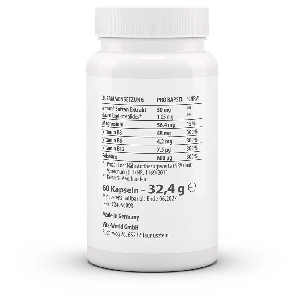 Rückseite der weißen Flasche mit Kapseln. Auflistung der Inhaltsstoffe und Nährwerte. 60 Kapseln = 32,4 g.