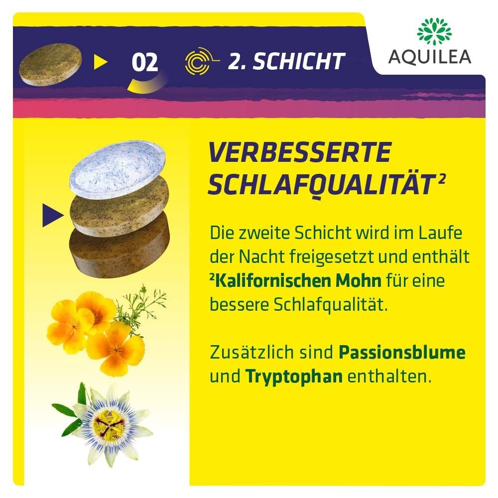 AQUILEA Schlaf forte. 2. Schicht: Verbesserte Schlafqualität. Enthält kalifornischen Mohn, Passionsblume, Tryptophan.