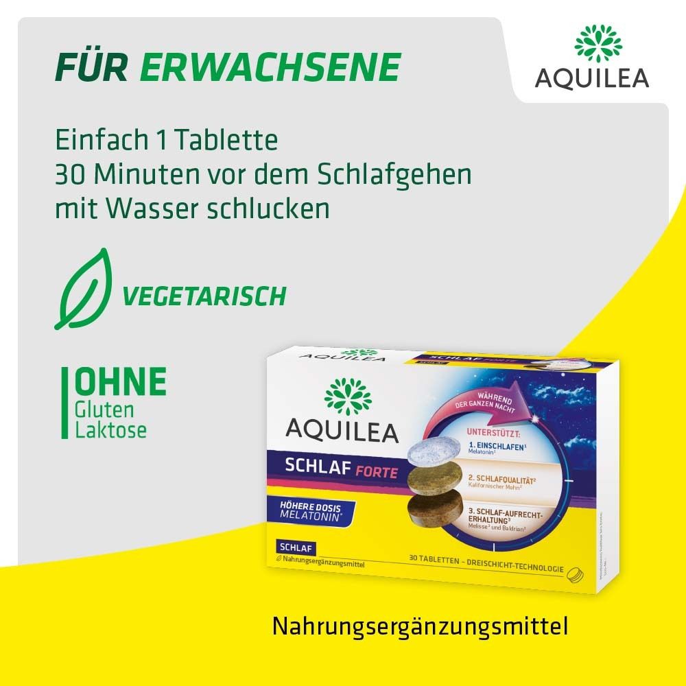 AQUILEA Schlaf forte Packung. Für Erwachsene. 1 Tablette 30 Minuten vor dem Schlafengehen. Vegetarisch, ohne Gluten, Laktose.