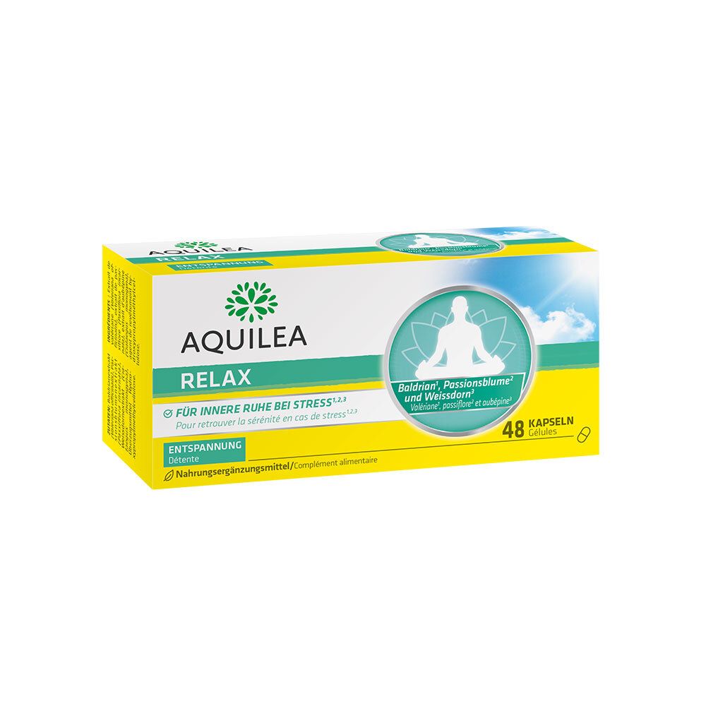 Gelbe Schachtel mit AQUILEA Relax. Text: Für innere Ruhe bei Stress. 48 Kapseln. Abbildung einer Person im Kreis.