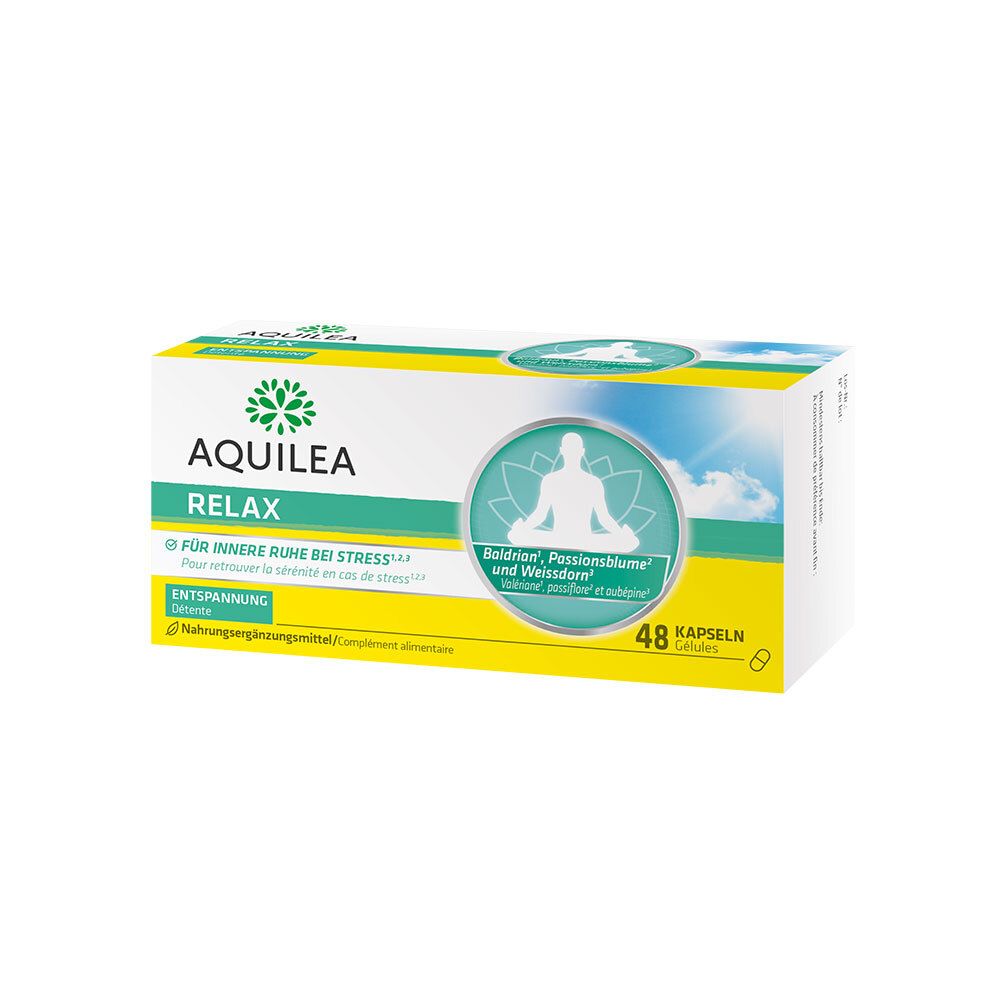 Gelbe Schachtel AQUILEA Relax. Text: Für innere Ruhe bei Stress. 48 Kapseln. Abbildung einer Person im Kreis.