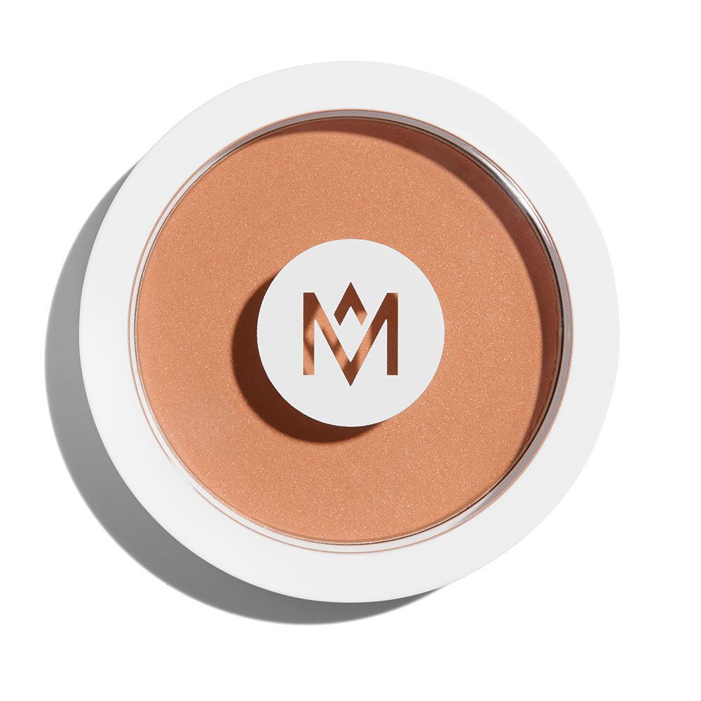 Runder Bronzer-Kompaktpuder mit weißem Rand und Logo. Hellbraune Farbe.