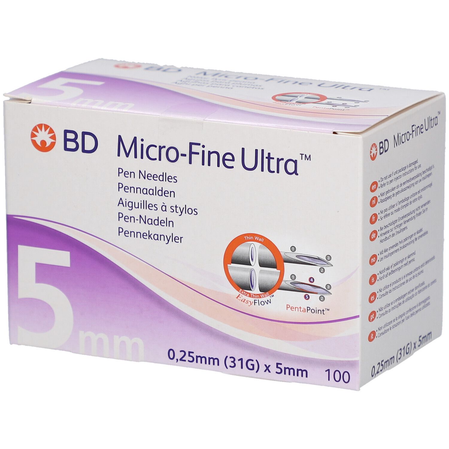 Schachtel mit BD Micro-Fine Ultra Pen-Nadeln. Größe: 5 mm. Aufdruck: 0,25 mm (31G) x 5 mm, 100 Stück.