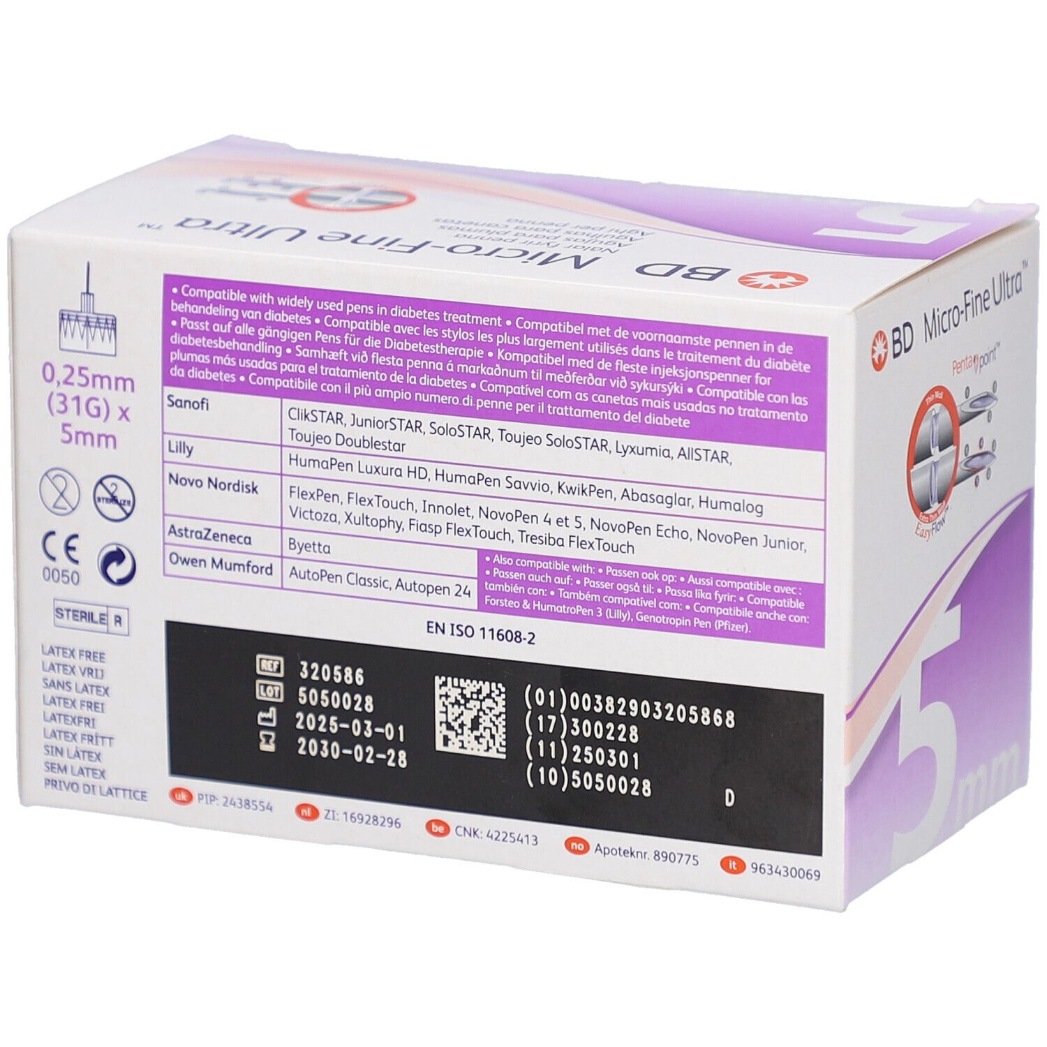 Rückseite der Schachtel mit BD Micro-Fine Ultra Pen-Nadeln. Enthält Informationen zu Kompatibilität und Chargennummer.