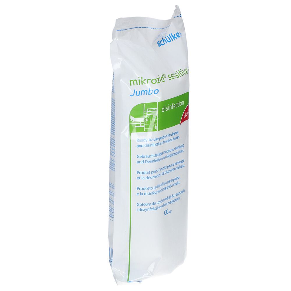 Weißer Beutel mit Produktaufdruck. Aufschrift: mikrozid® sensitive Jumbo, Desinfektion. Herstellerlogo: schülke.