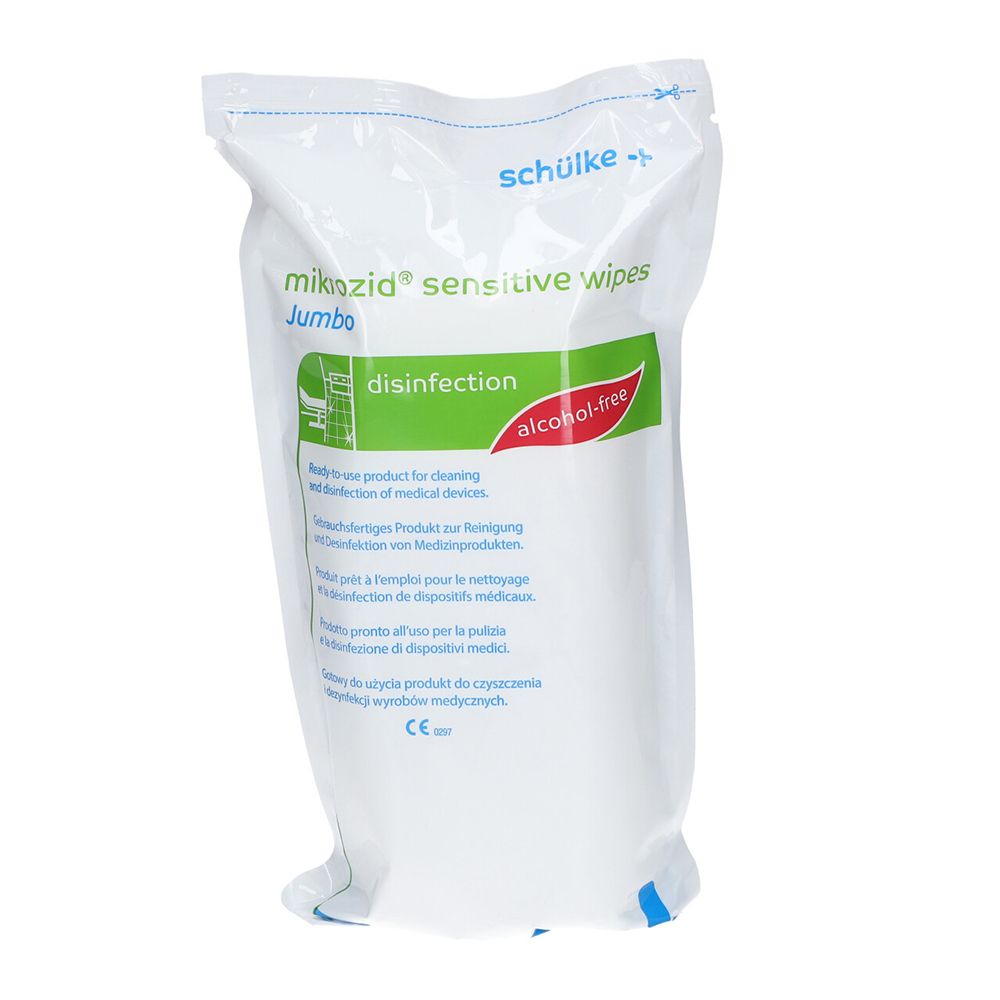 Weißer Beutel mit Produktaufdruck. Aufschrift: mikrozid® sensitive wipes Jumbo, Desinfektion, alcohol-free. Herstellerlogo: schülke.