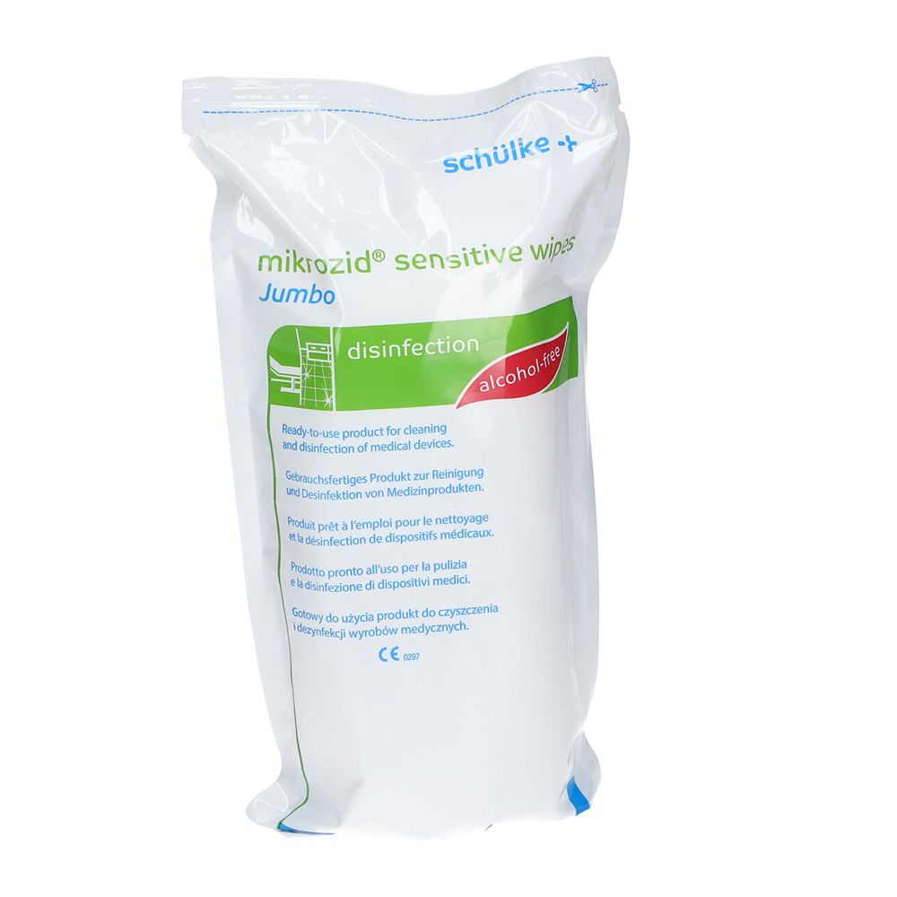 Weißer Beutel mit Produktaufdruck. Aufschrift: mikrozid® sensitive wipes Jumbo, Desinfektion, alcohol-free. Herstellerlogo: schülke.