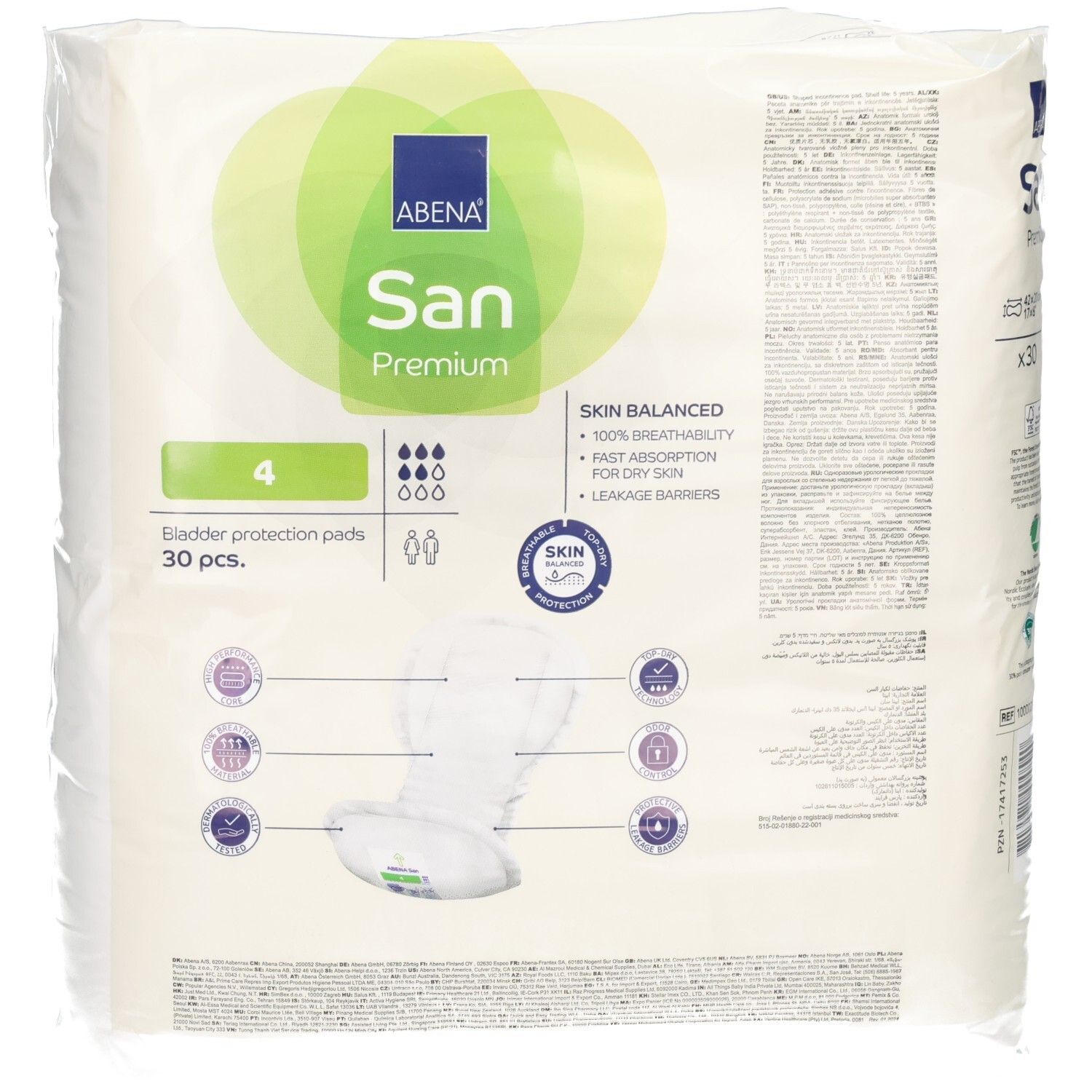 Abena San Premium Einlagen, Größe 4, 30 Stück. Seitenansicht der Verpackung mit Anwendungshinweisen.