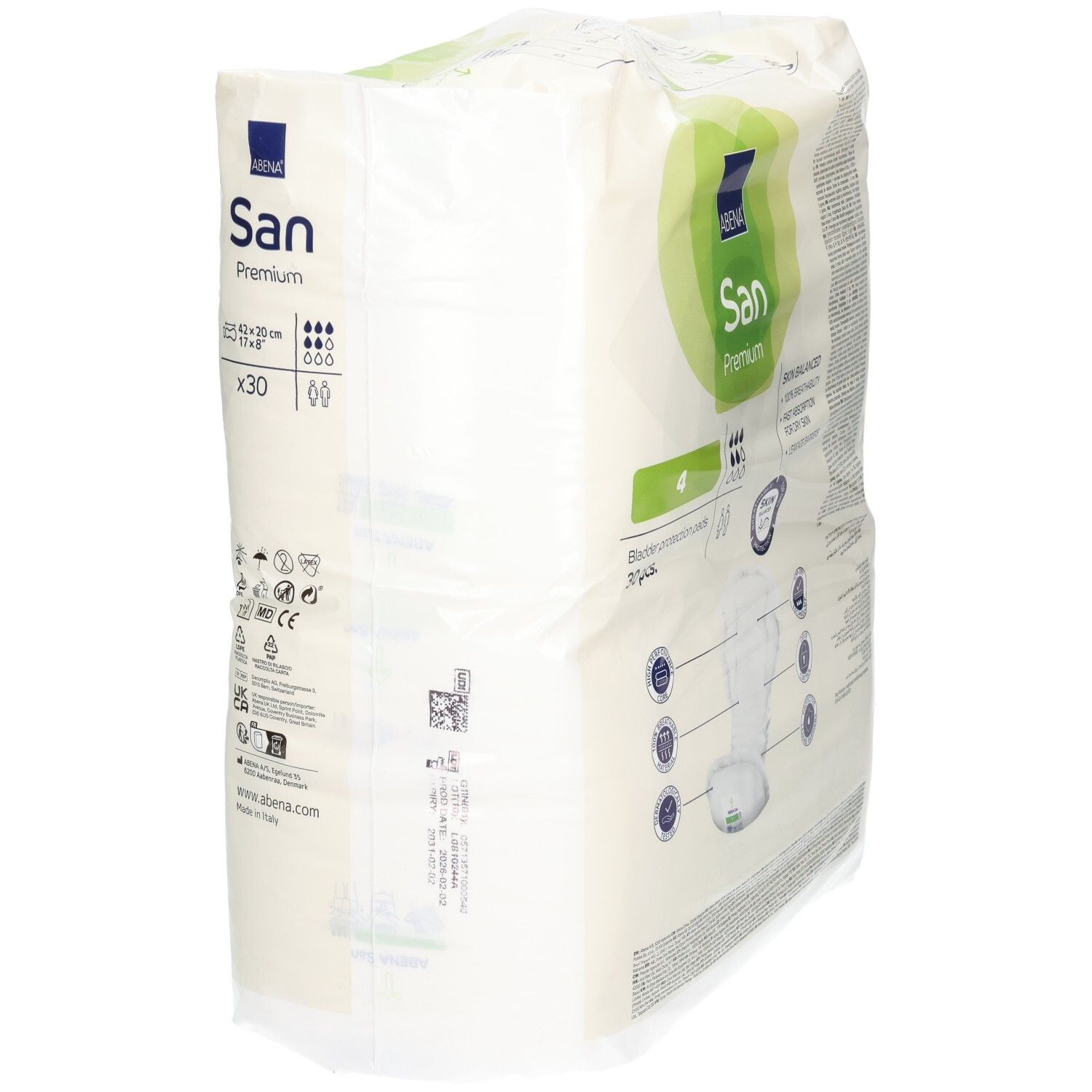 Abena San Premium Einlagen, Größe 4, 30 Stück. Schrägansicht der Verpackung mit Produktmerkmalen.