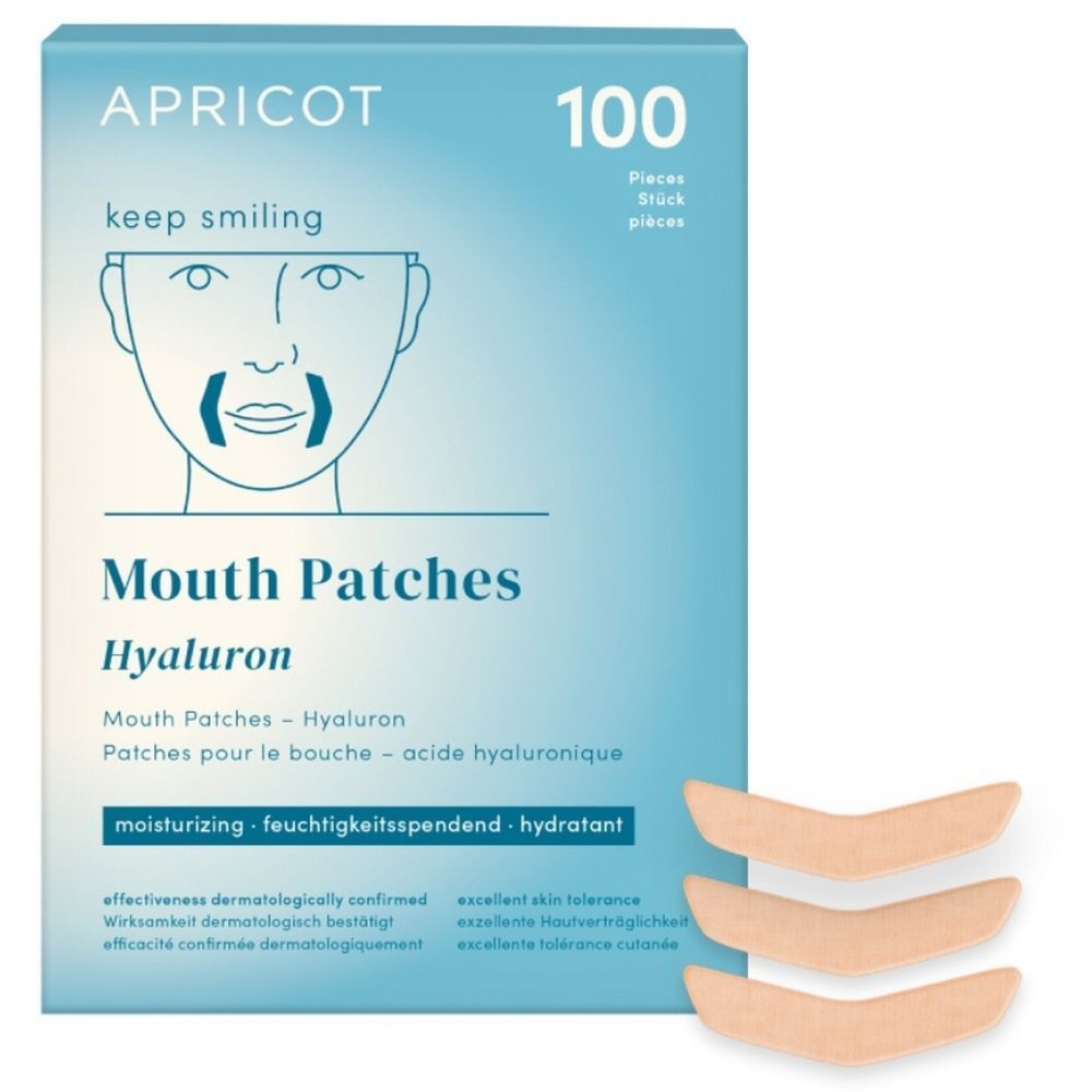 Blau-weiße Schachtel mit Produktname APRICOT, Mund Patches, Hyaluron. 100 Stück. Drei Patches liegen daneben.