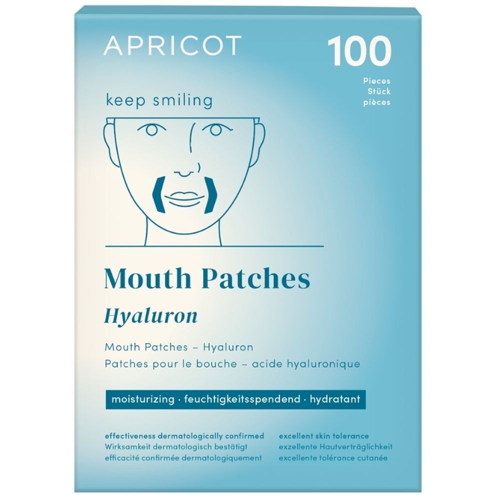 Blau-weiße Schachtel mit APRICOT, Mund Patches, Hyaluron. 100 Stück. Text und Zeichnung eines Mundes.