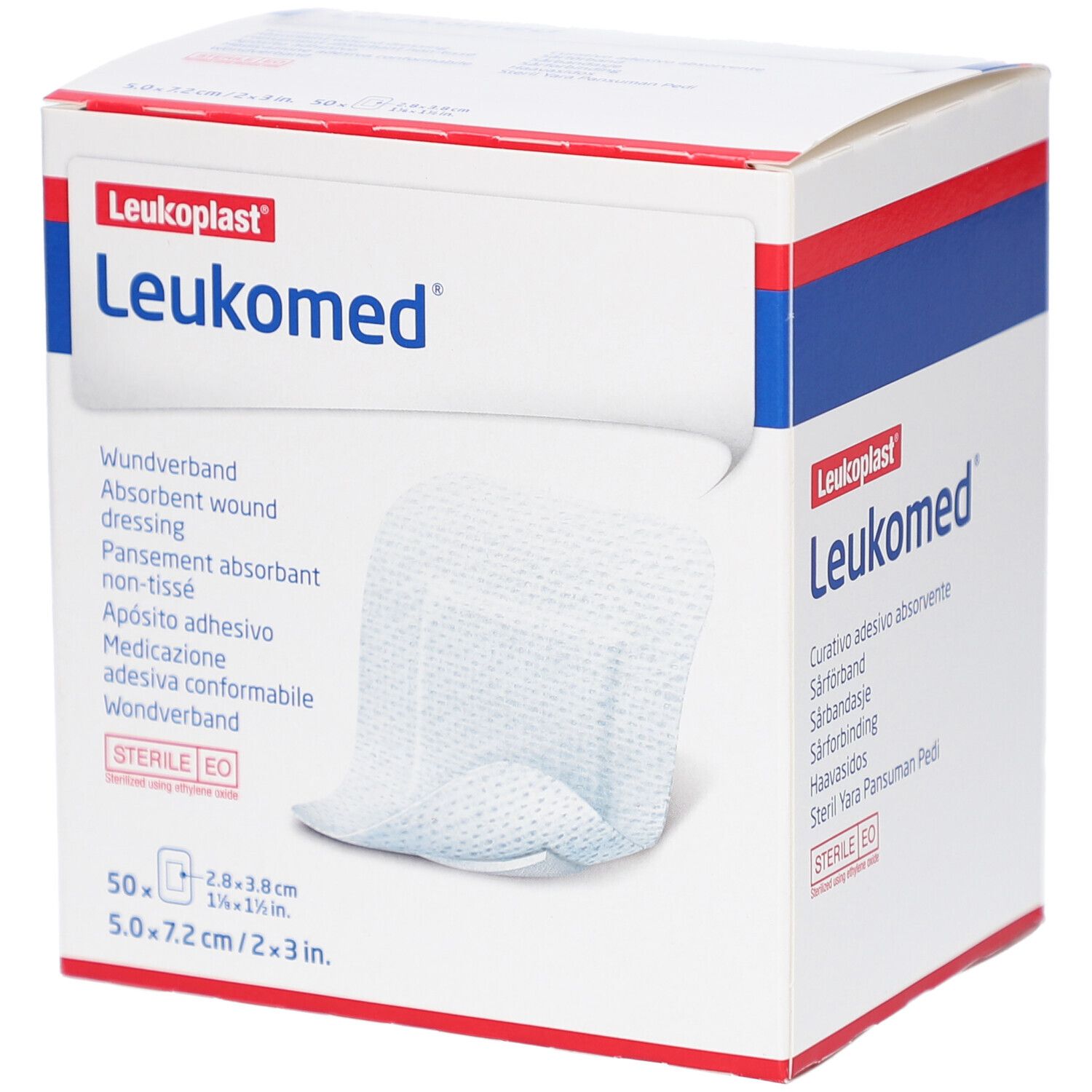Weißer Karton mit roter und blauer Beschriftung. Aufschrift Leukomed und Leukoplast. Enthält 50 sterile Wundverbände, 7,2 cm x 5 cm.