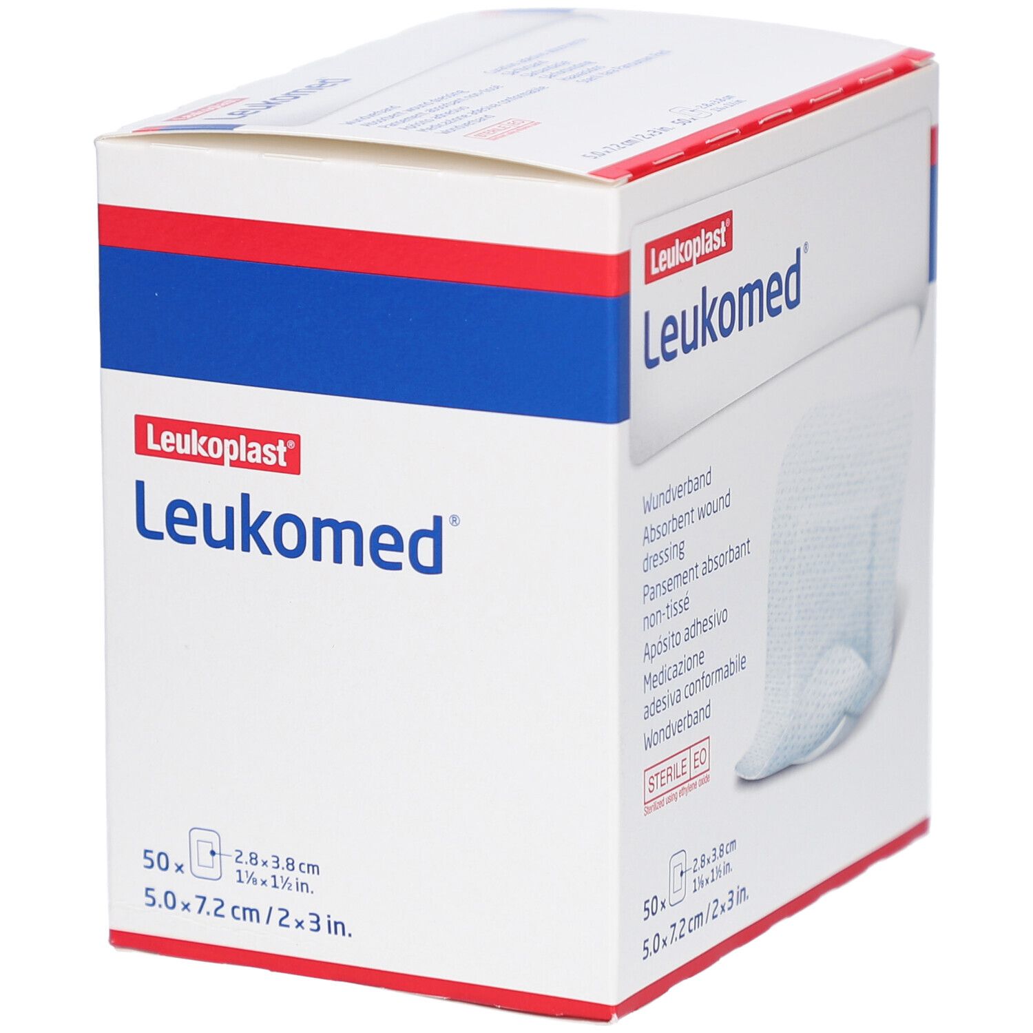 Weißer Karton mit roter und blauer Beschriftung. Aufschrift Leukomed und Leukoplast. Enthält 50 sterile Wundverbände, 7,2 cm x 5 cm.