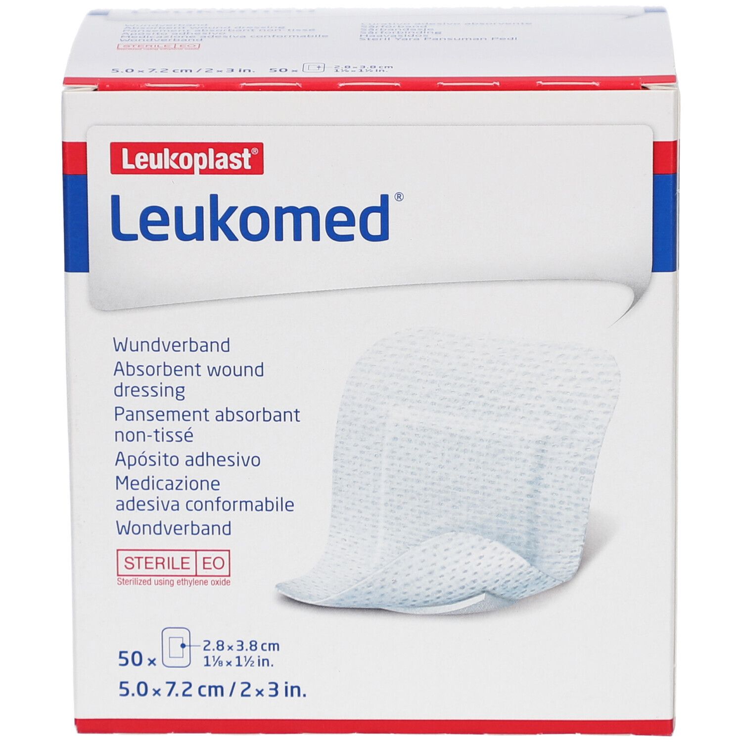 Weißer Karton mit roter und blauer Beschriftung. Aufschrift Leukomed und Leukoplast. Enthält 50 sterile Wundverbände, 7,2 cm x 5 cm.