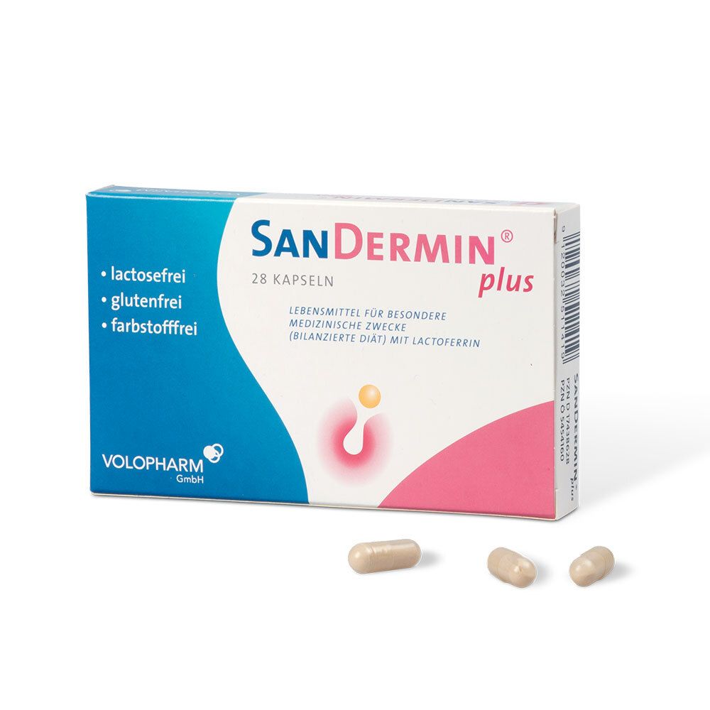 Schachtel SanDermin®plus mit 3 Kapseln. Blaue und rosa Farbgebung. 28 Kapseln. Text: laktosefrei, glutenfrei, farbstofffrei.