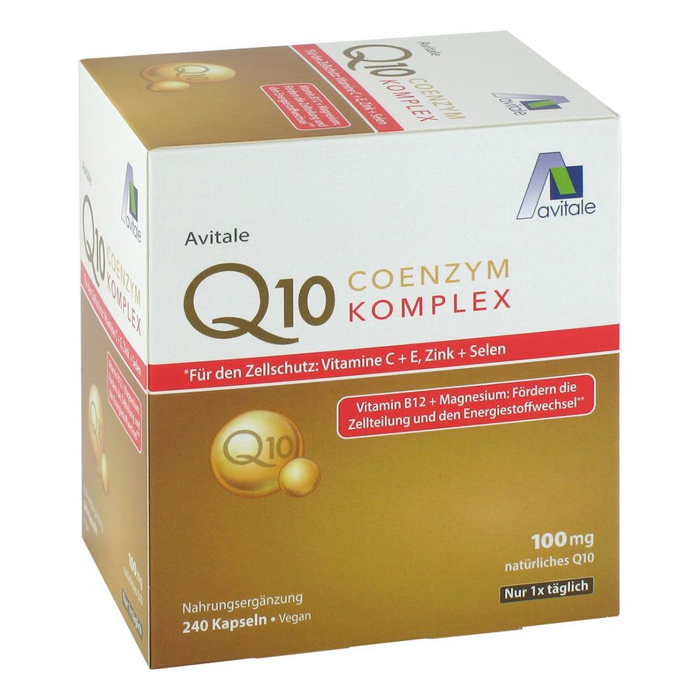 Avitale Q10 Coenzym Komplex. Karton mit Produktabbildung und Schriftzug. Enthält 240 Kapseln. Vegan.