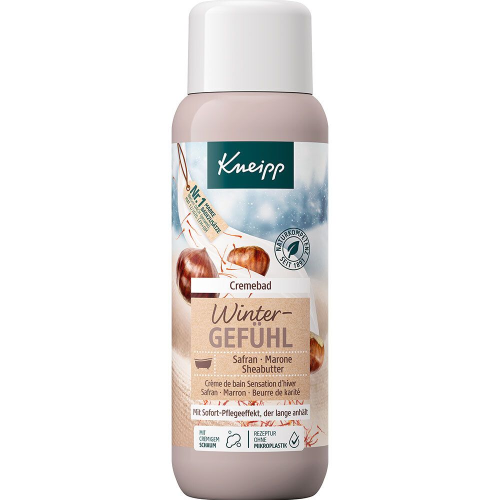 Flasche Cremebad Wintergefühl von Kneipp. Mit weißem Deckel, brauner Schrift und Illustrationen von Kastanien.