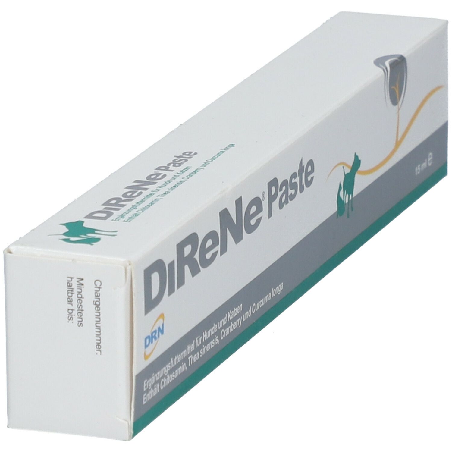 Schachtel DiReNe Paste, schräg. Weiß mit grünen und grauen Akzenten. Text: DiReNe Paste, DRN Logo, 15 ml.