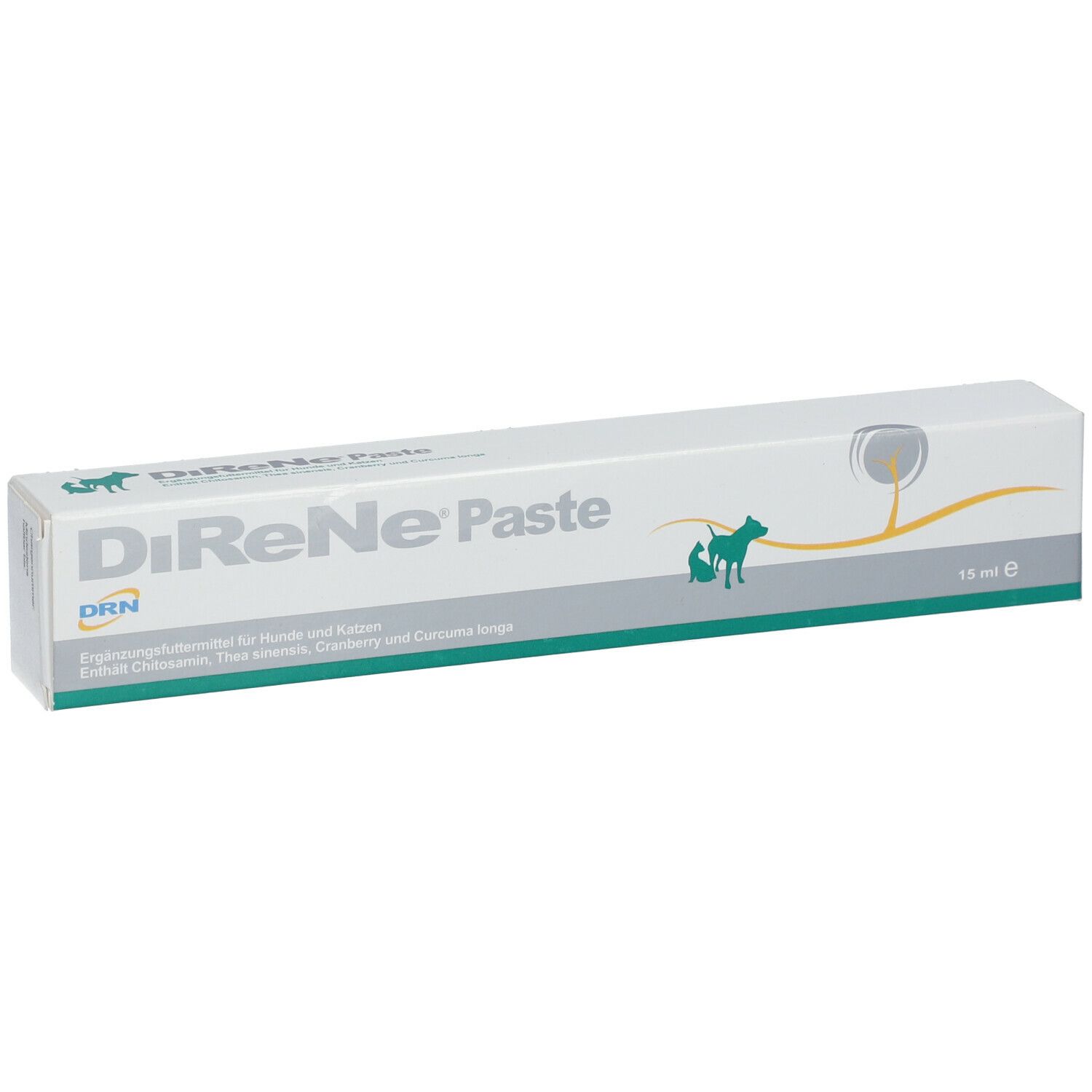 Schachtel mit DiReNe Paste. Weiß, mit grünen und grauen Akzenten. Text: DiReNe Paste, DRN Logo, 15 ml.