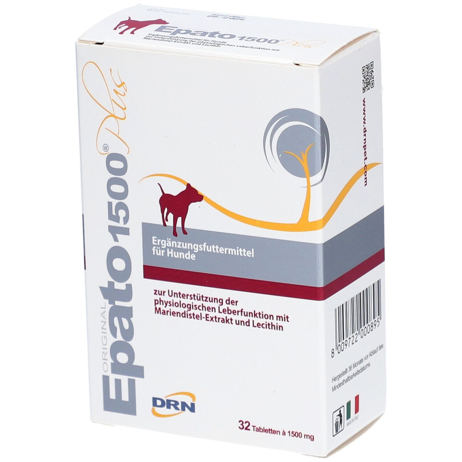 Karton mit "Epato 1500 Plus" für Hunde. Enthält 32 Tabletten. Logo und Text in deutscher Sprache.