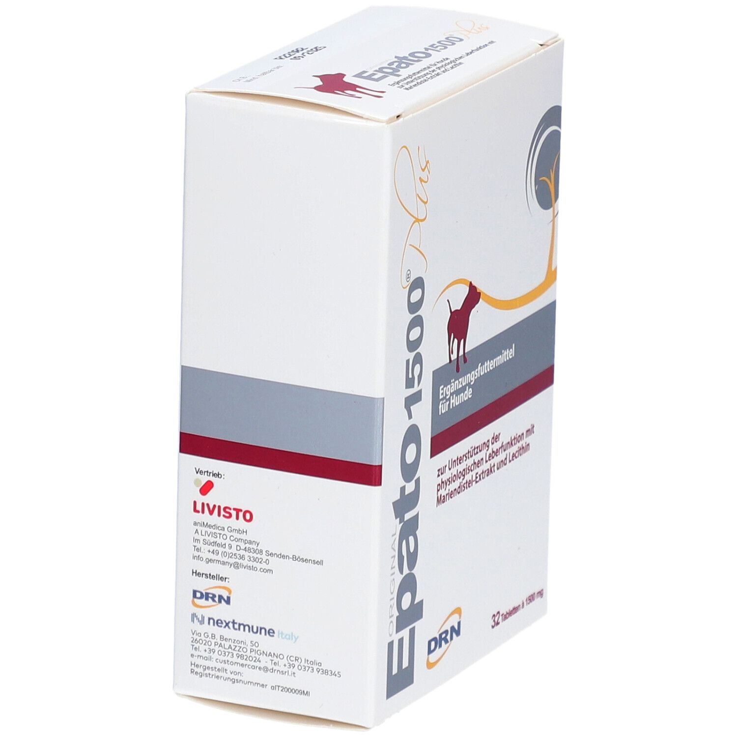 Karton "Epato 1500" mit Logo und Text. Rückseite mit Herstellerinformationen. Text in deutscher Sprache.