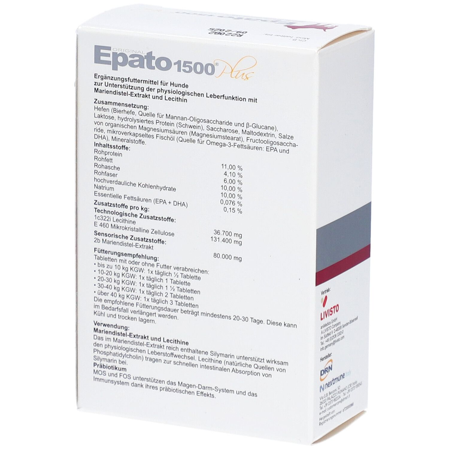 Rückseite der "Epato 1500 Plus" Verpackung. Enthält Informationen zu Inhaltsstoffen und Anwendung. Text in Deutsch.