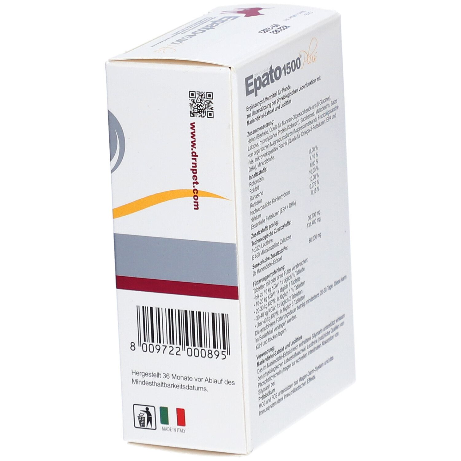 Seitenansicht der "Epato 1500 Plus" Verpackung. Enthält QR-Code und Informationen. Text in Deutsch.