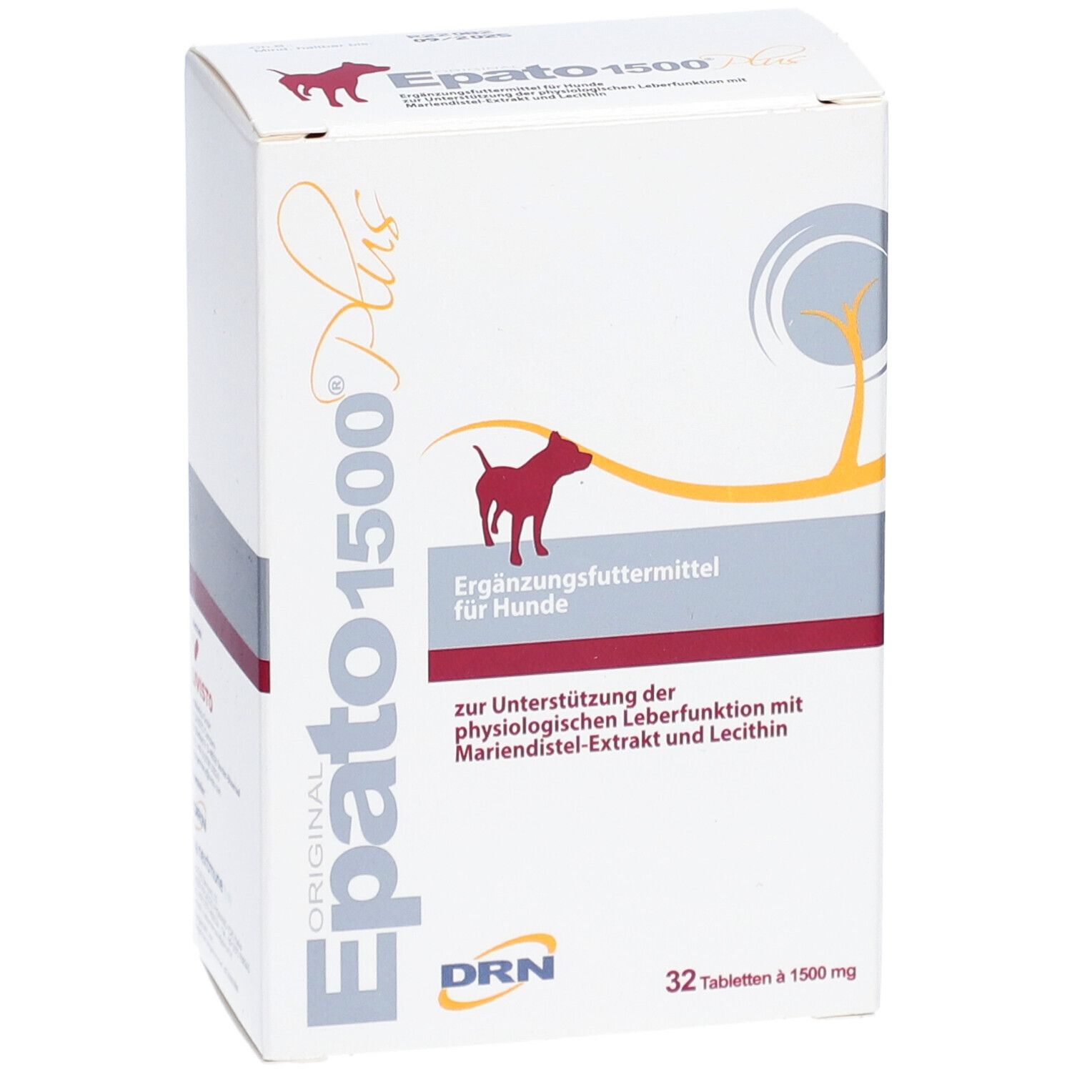 Vorderseite der "Epato 1500 Plus" Verpackung. Logo und Text in deutscher Sprache. 32 Tabletten.