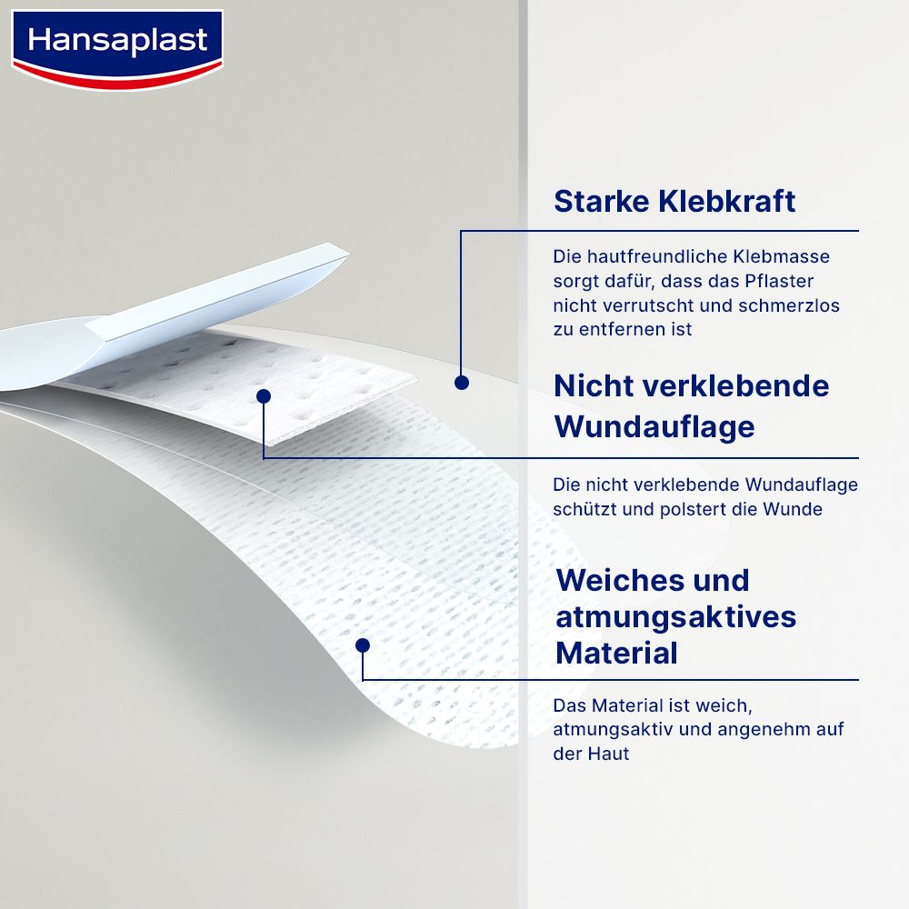 Nahaufnahme der Pflasterstruktur. Nicht verklebende Wundauflage, weiches, atmungsaktives Material. Text: Starke Klebkraft.