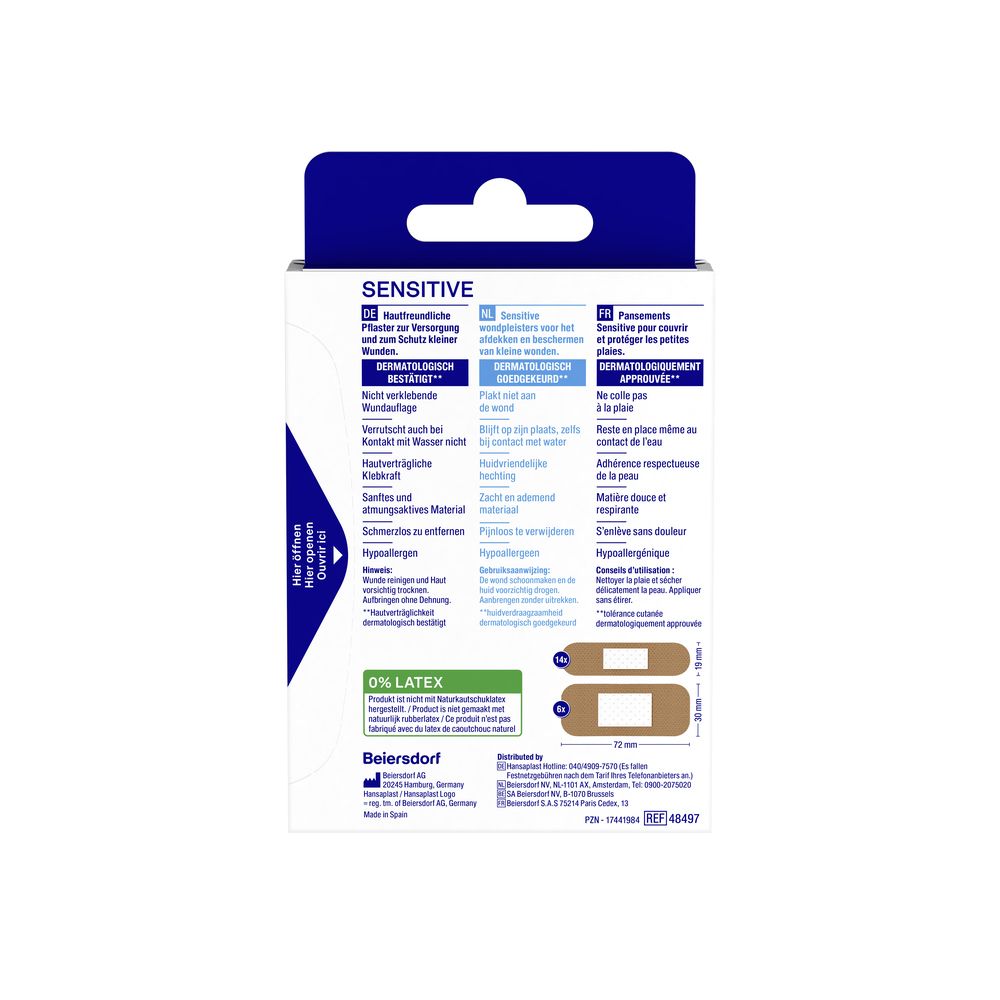 Rückseite der Hansaplast Sensitive Pflasterpackung. Informationen zu Inhaltsstoffen, Anwendung und Zertifizierungen.