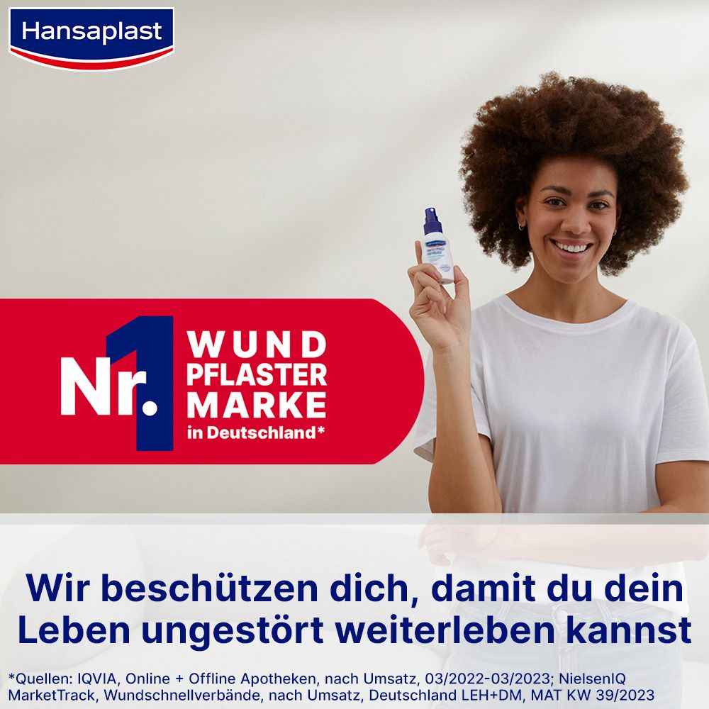 Frau mit Pflaster am Arm. Text: 100 Jahre medizinische Expertise. Wir schützen dich. Nr. 1 Wundpflaster Marke in Deutschland.