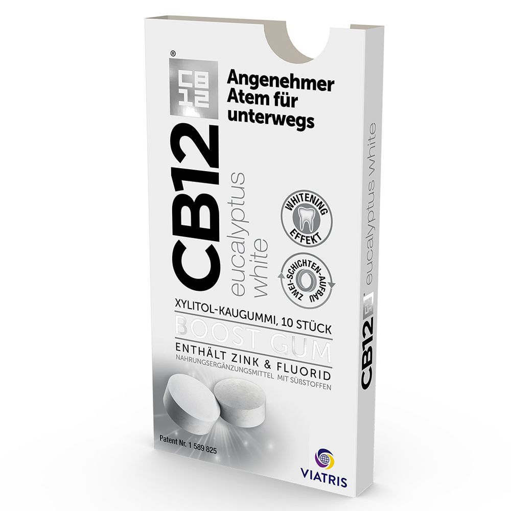CB12 Eucalyptus White Kaugummi-Packung. Weiß, mit Produktinformationen und Logo. Enthält 10 Kaugummis.