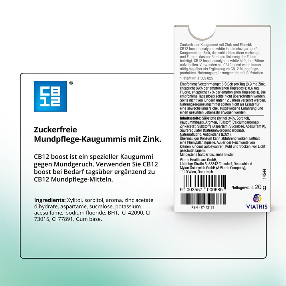 Rückseite der CB12 Eucalyptus White Kaugummi-Packung. Enthält Produktinformationen und Inhaltsstoffe.