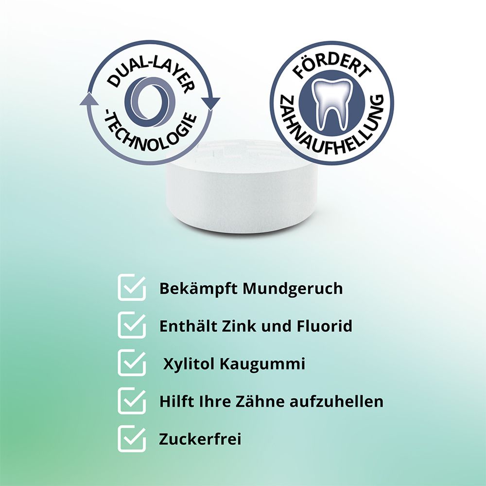 Nahaufnahme von Kaugummi. Mit Dual-Layer-Technologie und fördert Zahnaufhellung. Zuckerfrei.