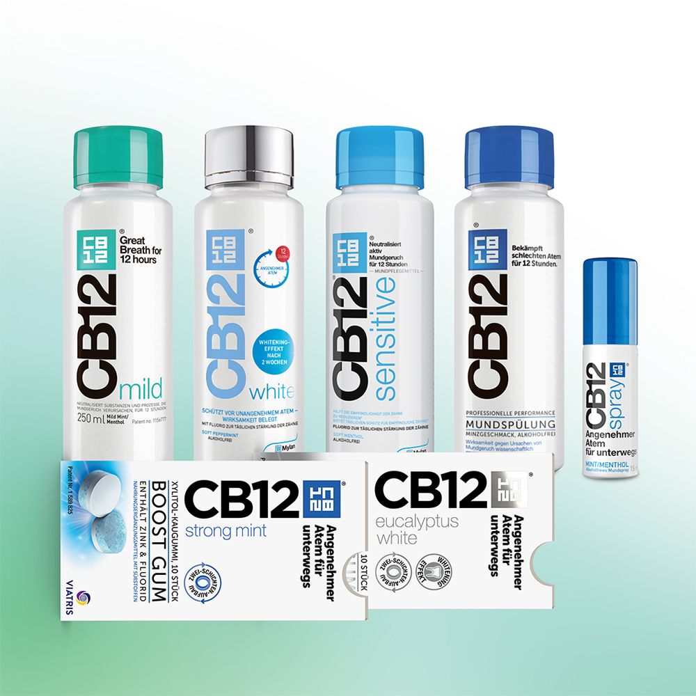 Verschiedene CB12 Produkte: Mundspülung, Spray und Kaugummis. Verschiedene Geschmacksrichtungen.
