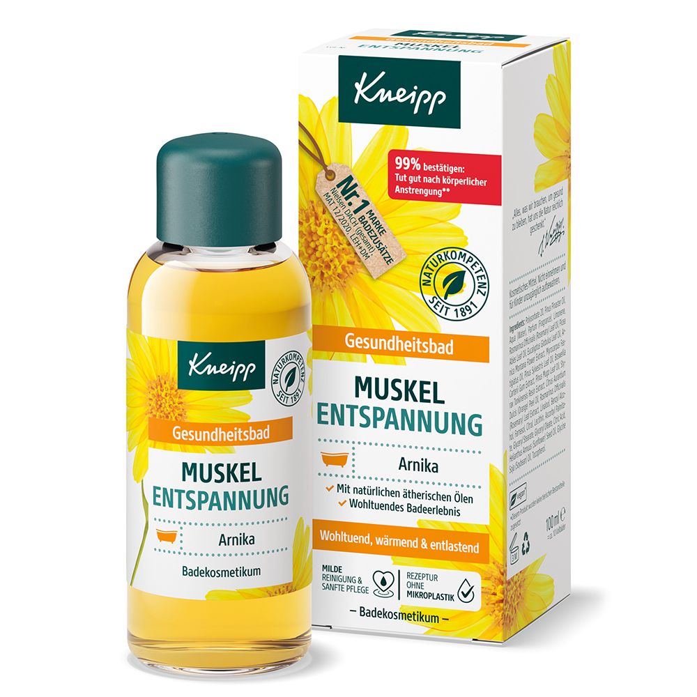 Kneipp Gesundheitsbad Muskelentspannung. Flasche und Verpackung. Gelbe Flüssigkeit, grüner Deckel. Text: Arnika, Badekosmetikum.