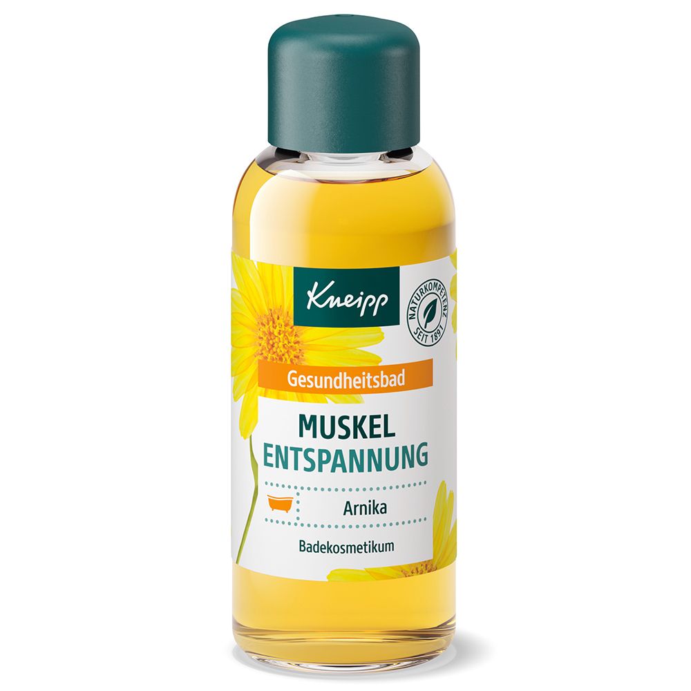 Kneipp Gesundheitsbad Muskelentspannung. Flasche. Gelbe Flüssigkeit, grüner Deckel. Text: Arnika, Badekosmetikum.