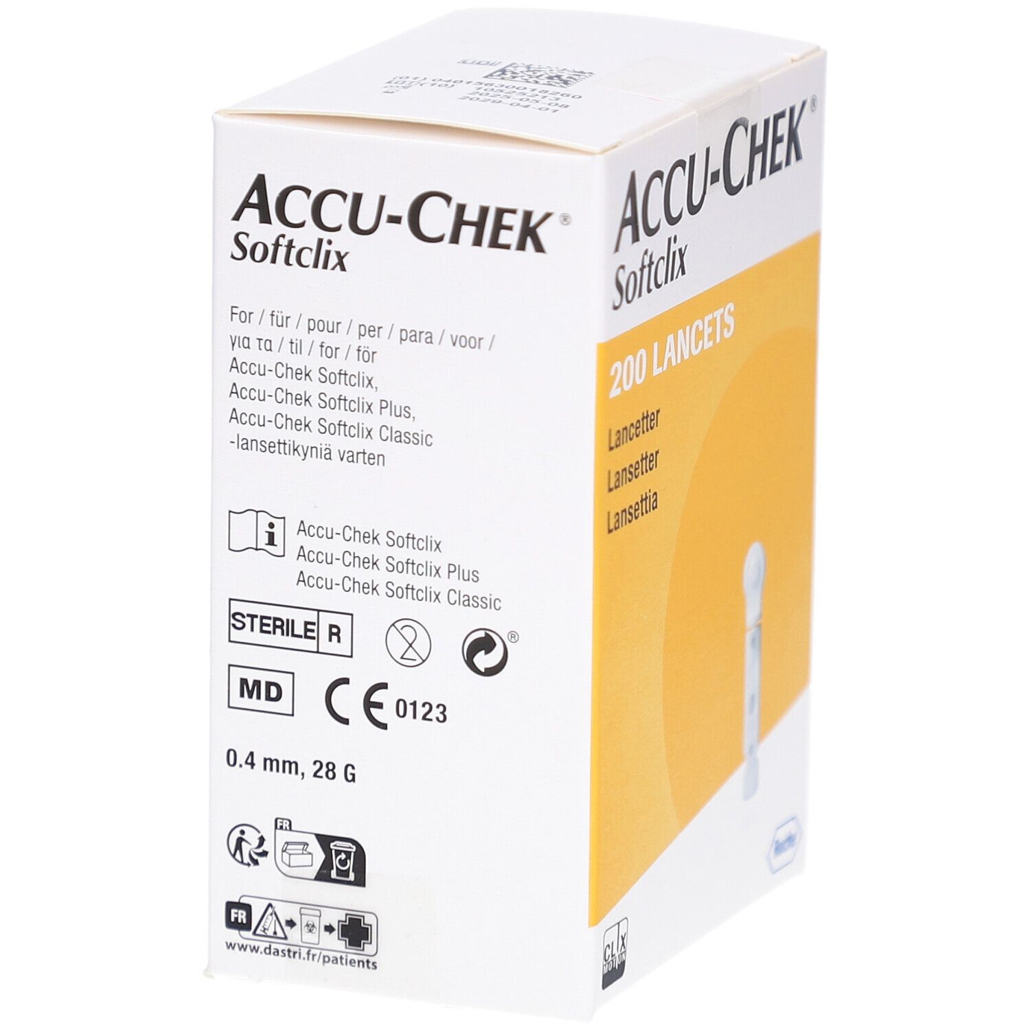 Verpackung von ACCU-CHEK Softclix Lanzetten. Aufdruck: 200 Lanzetten, sterile Kennzeichnung, CE-Zeichen.
